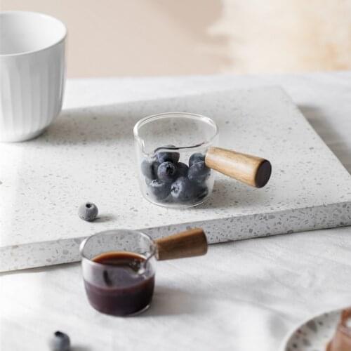 Nordic Glass Cup with Wooden Handle Milk Cup Mini Jug Milk Jar Honey Pots Seasoning Small Dish Steak Sauce Fruit Oil Container