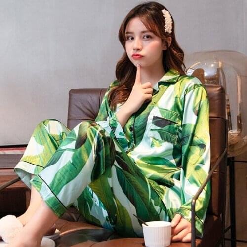 Autumn Women Pajamas Sets Satin Pajamas Set Long Sleeve Sleepwear Suit Green Turn-down Collar Female Homewear