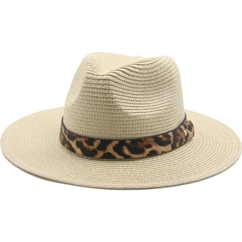 Straw hats men women leopard band casual vintage solid sun hats summer spring white khaki black beach travel sun protection hats