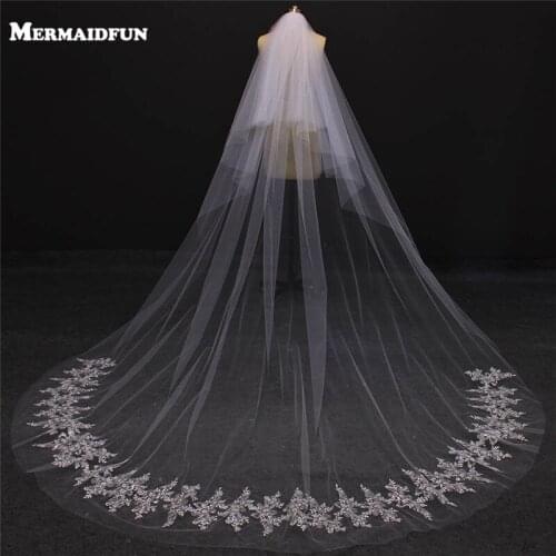 MERMAIDFUN Real Photos Two Layers Bling Sequins Lace Cathedral Wedding Veils With Comb Two Tiers Bridal Veil Voile Mariage