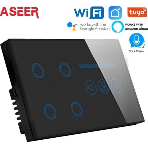 ASEER UK smart switch 4 gang WIFI Wall switch with wifi control Fan Switch,Black Crystal Glass Panel,Work alexa,google assistan