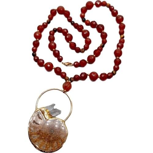 YYGEM Natural Snail Fossil White Quartz Stick Pendant carnelian carved flower round Necklace 30"