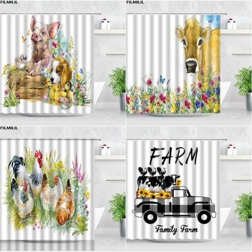 FILMILIL Farm Animals Shower Curtains Set Pig Cow Poultry Farmhouse Scenery Watercolor Art Home Decor Polyester Bathroom Curtain