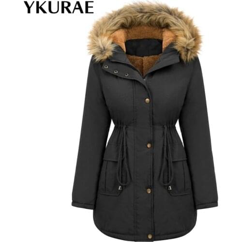 Women 's Winter Jacket Long Fleece Fur Coat Plus Size Thick Female Jackets Hooded Clothing Long Snow Wear Coats EU Size FL101