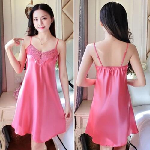 Fashion suspender nightdress for women sexy sleepwear deep V backless imitation silk pajamas lace home clothes