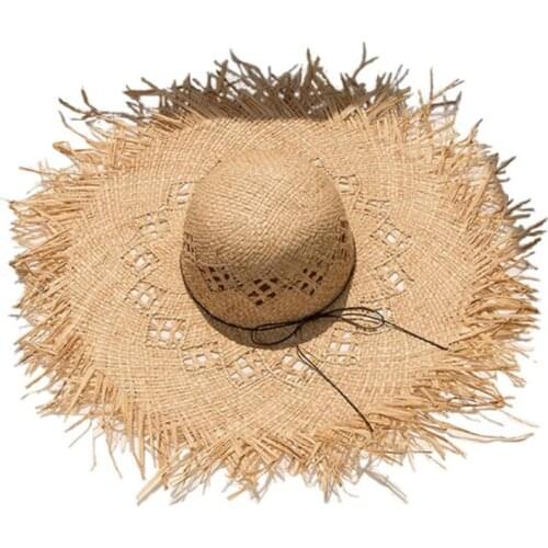 Women Raffia Straw Sun Hat Big Brim Floppy Fringe Hollow Sunscreen Bucket Cap Premium Quality