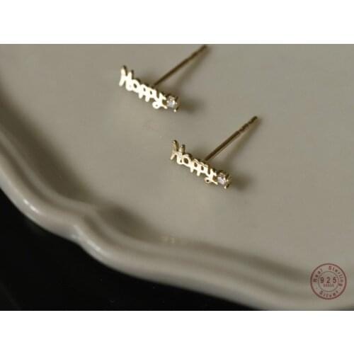 925 Sterling Silver European Simple English Letters Happy Stud Earrings Women Classic Fashion Commemorative Jewelry Gift