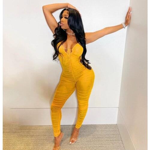 BKLD One Piece Outfit Women 2021 New Solid Color Patchwork Lace-Up Hollow Sexy Spaghetti Strap Mesh See-through Stack Jumpsuit