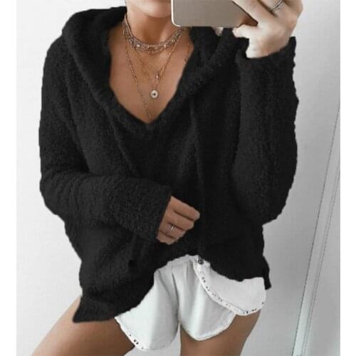 2021 Autumn Top Women Casual Mohair Hooded Pullovers V Neck Fleece Sweater Fashion Sweet Loose Warm Winter Mohair Tops Pullover