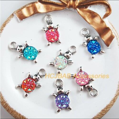 14 New Tortoise Charms Tibetan Silver Tone Retro Mixed Oval Resin Pendants 14x23mm