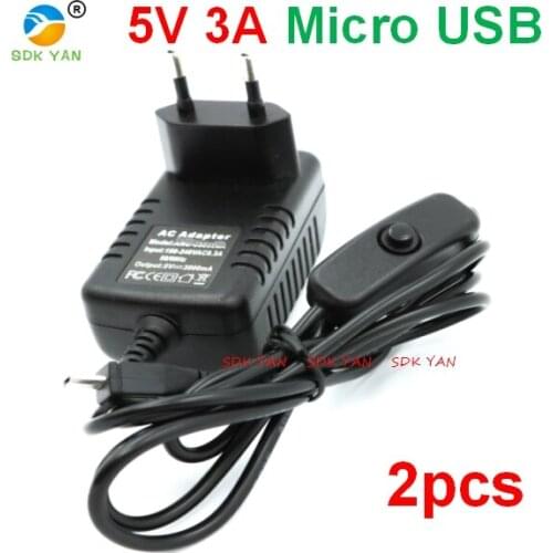 2 pcs 5v 3a mirro usb ON / OFF Button power charger EU 5V 3A Micro USB Charger Raspberry PI 3 Power Supply adapter 5v 3a micro