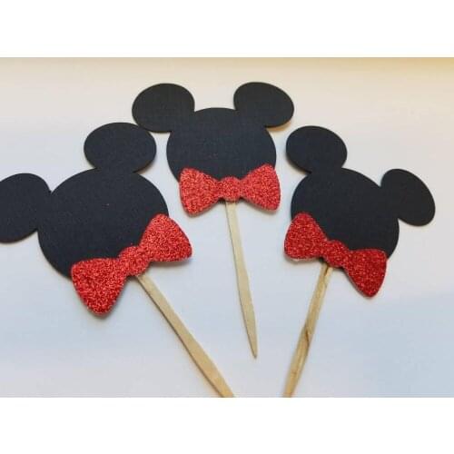 20pcs Gentleman bow mouse cupcake toppers. Black and red mouse cupcake toppers.Party Decoration child Birthday Cake Topper