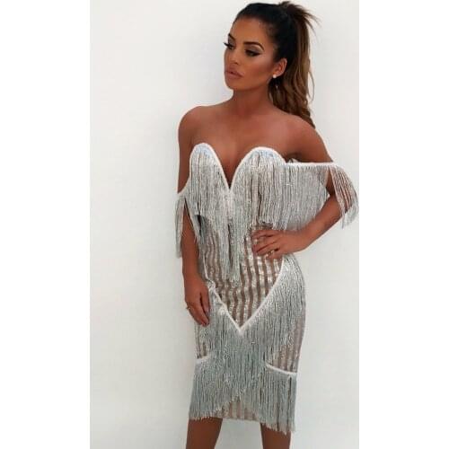 S Curve Strapless Fringe Sheer Mesh Glitter Sequins Stripe Plunge V Neck Rayon Midi Bandage Dress