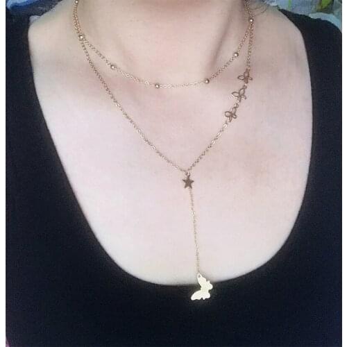 Non-fade stainless steel butterfly star gold silver color tassel Necklace Women Choker Pendants suspension Femme Chain Necklaces