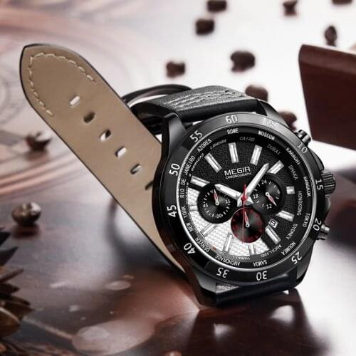MEGIR Sports Luminous Waterproof Watches Men Luxury Brand Quartz Watches Men Leather Chronograph Watch Relogio Masculino 2103G