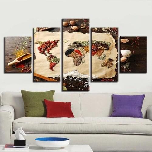 Frameless Canvas Painting Wall Art 5 Pieces Grains Spices World Map Pictures Modular Food Posters Living Room Home Decoration