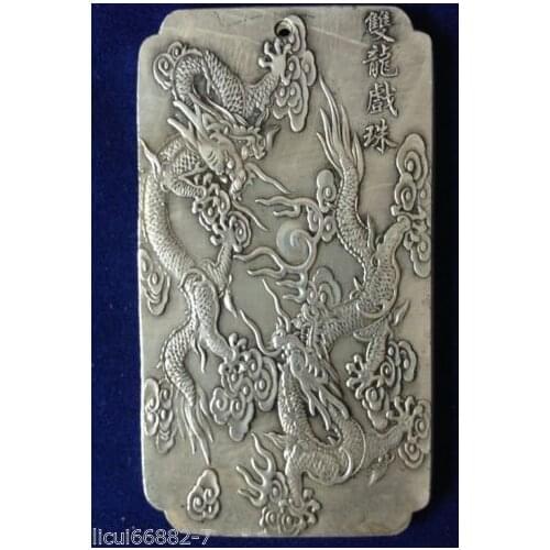 Chinese Tibet Silver Two Dragons Play Bead Bullion Thanka Amulet Thangka
