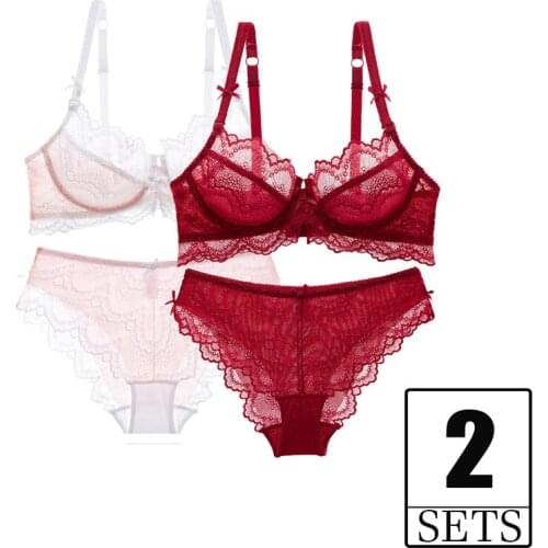2 Pieces Set Sexy Transparent Bra And Panties Plus Size C D Women Embroidery Push Up Brassiere Lace Underwear Lingerie White Red