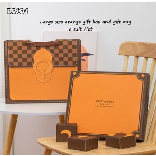 Fashion Large Size Orange Lattice Printing Portable Gift Box Party Wedding Promotion Pastry Candy Chocolate Packaging Gift Box