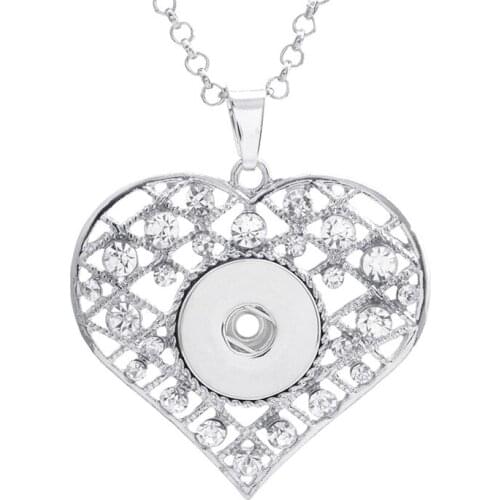 Trendy Rhinestone Hollow heart pendant snap necklace 60cm keychain fit 18MM snap buttons Fashion jewelry DIY accessories XL0004