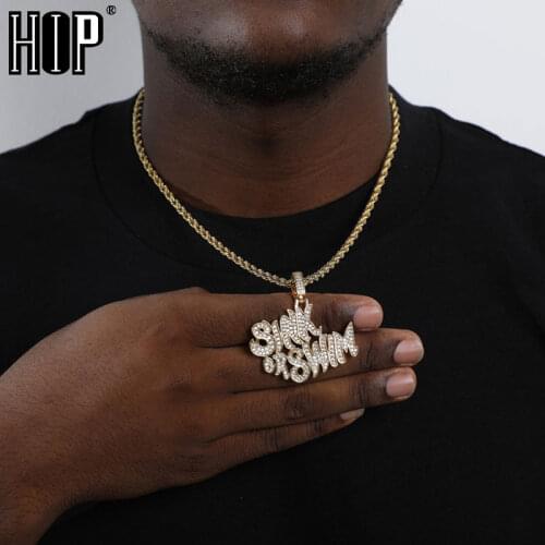 Hip Hop Bling Iced Out CZ Letters Words Sink or Swim Pendants & Necklaces For Men Rapper Jewelry With Solid Back