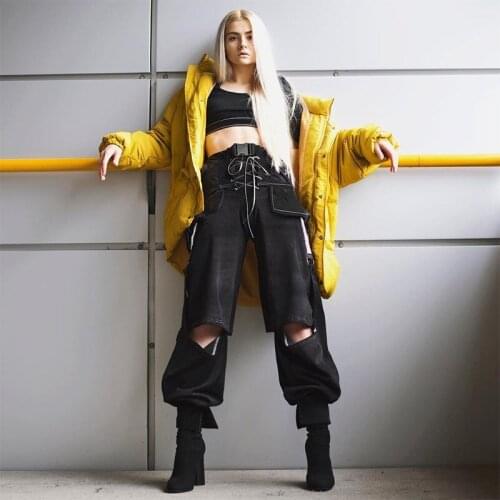 Irregular Reflective High Waist Casual Pants for Women Dance Overalls Hollow Out Super Cool Trouster