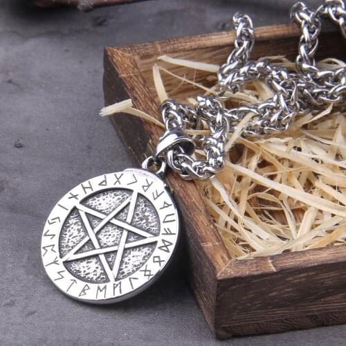 Stainless Steel Nordic Rune and Magic pentagram pendant necklace with viking wooden box as gift