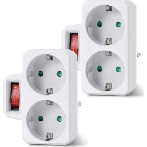 Socket Adapter, Double Plug for Socket, Double Socket with Switch 3800W for Office, Home or Travel, EU Plug (2 Pack)