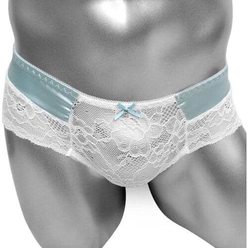 Sexy Satin Lace Panties Sissy Underwear Transparent Sheer Mens Briefs Tangas Knickers Soft Shiny Panty Lingerie