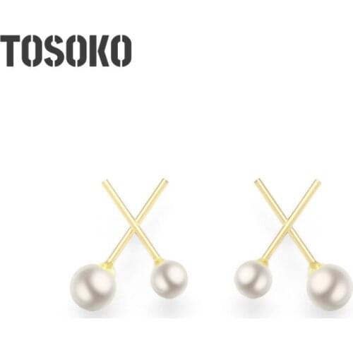 TOSOKO Stainless Steel Jewelry Pearl Crossing English Letter X-Shaped Earrings Fashion Earrings for women BSF214