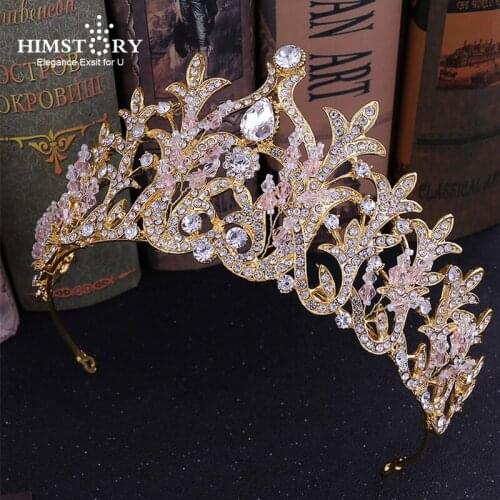 HIMSTORY Baroque Magnificent Rhinestone Queen Princess Big Crown Tiaras Vintage Pink Crystal Diadem Wedding Hair Accessories