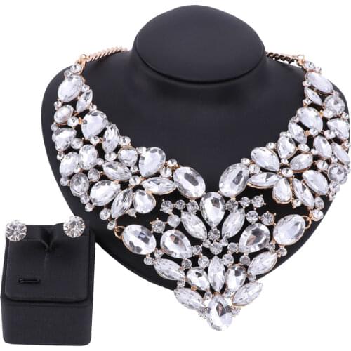 Jewelry Full Clear Rhinestones Statement Necklace and Earrings for Women Indian Bridal Wedding Jewelry sets