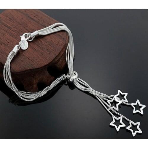 925 Sterling Silver 8 Inch Snake Chain 5 Star Pendant Bracelet Bangle For Woman Fashion Wedding Jewelry Gift