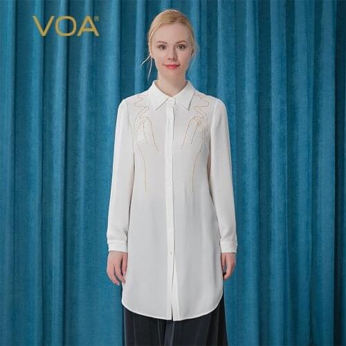 VOA Silk 30m/m Milk White Pointed Collar Long Sleeve Bright Line Arch Needle Split Arc Hem Single-breasted Shirt women BE263