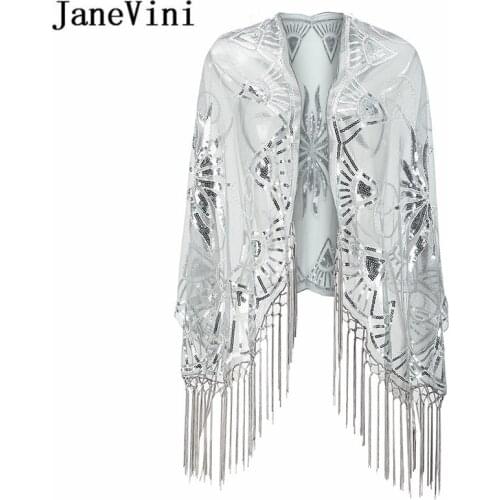 JaneVini Silver Sequins Bridal Shawl Bolero Bride Sparkly Black Gold Beaded Tassel Women Wedding Formal Wrap Cape bruidsjasje