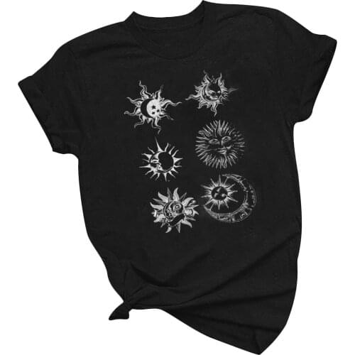 T-shirts Womens Vintage Sun Moon Printed Pattern Casual Fashion Soild Color Short Sleeve Tee Streetwear Tops Female Clothing