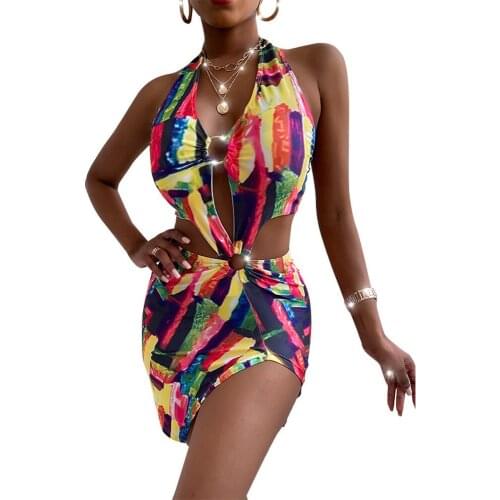 Pattern Print Backless Summer Party Club Dresses Women Off Shoulder Side Split Skinny Sexy Halter Neck Beach Wear Dress Swimsuit