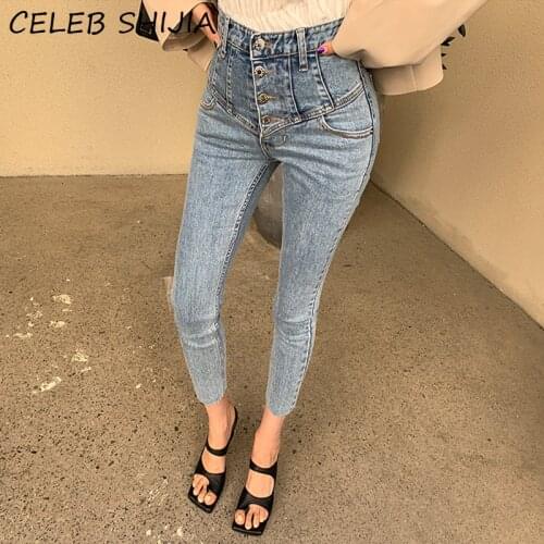 SHIJIA High Waist Skinny Woman Denim Jeans Single-breasted Elastic Streetwear Trousers Female Bottoms 2021 Spring Jeans Femme