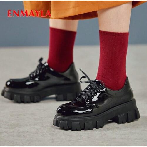 ENMAYLA 2020 Fashion Womens Shoes Patent Leather Round Toe Wedding Shoes Casual Lace-Up Square Heel Platform Heels Women Pumps