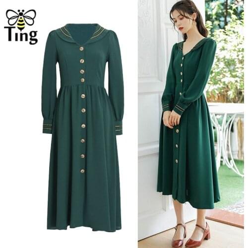 Tingfly New Arrivals Preppy England Style Lady Girl Dress Single Breasted Button A Line Midi Dress Autumn Spring Casual Vestidos