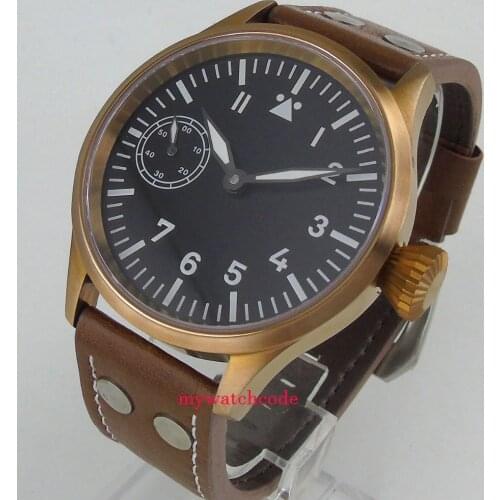 44mm corgeut black sterile dial bronze plated case sapphire glass 6497 hand winding mens watch