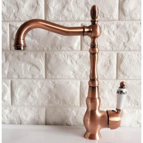 Antique Red Copper Brass Bathroom Kitchen Basin Sink Faucet Mixer Tap Swivel Spout Single Handle One Hole Deck Mounted mnf424