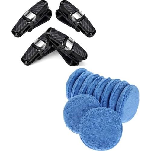 Microfiber Wax Applicator 12Pcs Car Cleaning Polish Wax Foam Sponge Blue & 4 Packs Glasses Holders For Car Sun Visor