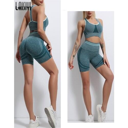 Seamless Suits Women Gym Set Workout Leggings Sport Shorts Bra Gym Clothing Short Crop Top High Waist Running Leggins Sportswear