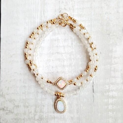 Lii Ji Natural Moonstone Lab-created Opal Charm Bracelets Natural Stone S925 Silver Clasp Gold Plated Bracelet Delicate Jewelry