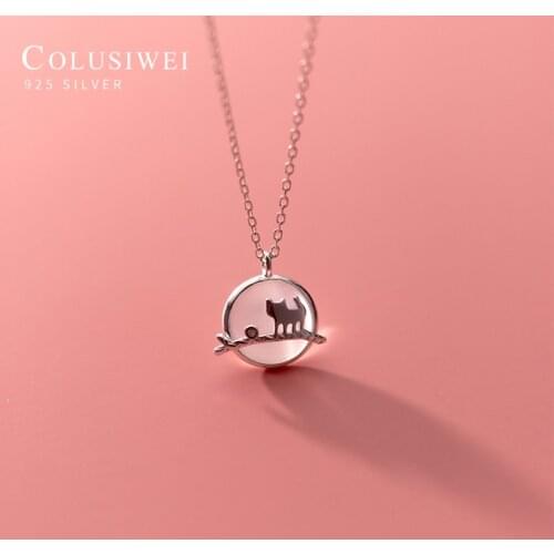 Colusiwei Genuine 925 Sterling Silver Simple Animal Cat Geometric Round Opal Pendant Necklace for Women Korea Style Fine Jewelry