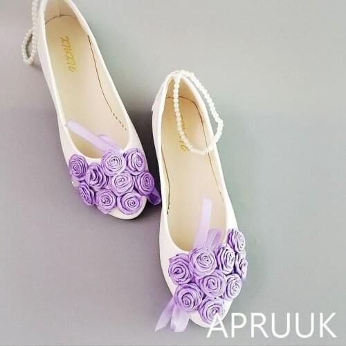 Purple rose flower flats shoes for woman ankle string beads elastic band bridal brides wedding shoes plus size girls party shoe