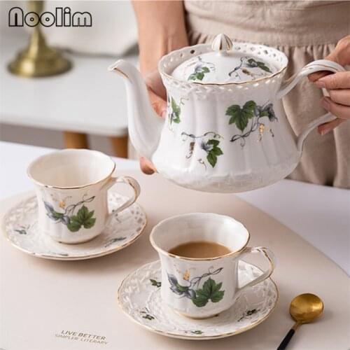European Style Ceramic Hollow Coffee Milk Mug Office Kettle Large Capacity Tea Pot Afternoon Tea Cup with Saucer Set Drinkware