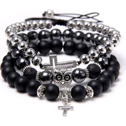 3pcs/set Classic Vintage Cross Owl charm pendant Bracelet Jewelry silver color Hematite Stone brave Bracelets Men male gifts