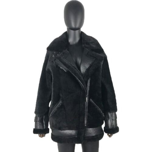 Jacket Cropped Sheepskin Coat Female Autumn Winter New Fashion Casual Black Overcoat Outwear